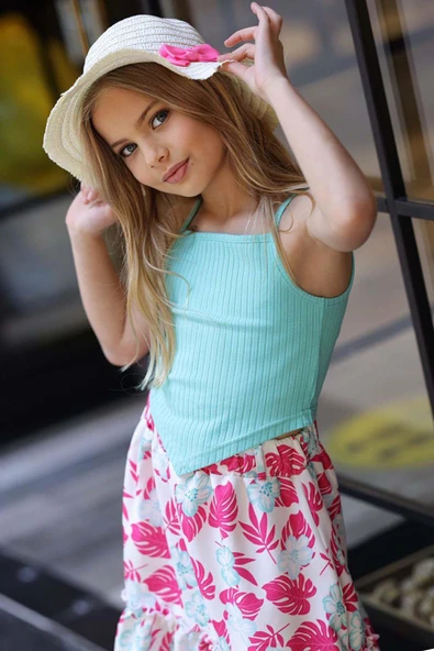 Kız Çocuk Kaşkorse Crop ve Dijital Baskılı Fuşya Etekli Takım - Resim 5