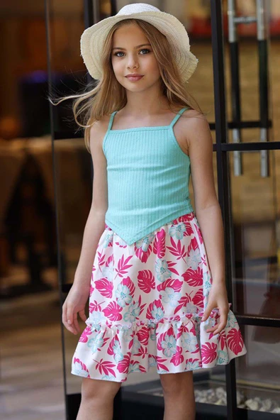 Kız Çocuk Kaşkorse Crop ve Dijital Baskılı Fuşya Etekli Takım - Resim 4