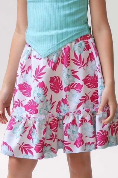 Kız Çocuk Kaşkorse Crop ve Dijital Baskılı Fuşya Etekli Takım - Resim 3