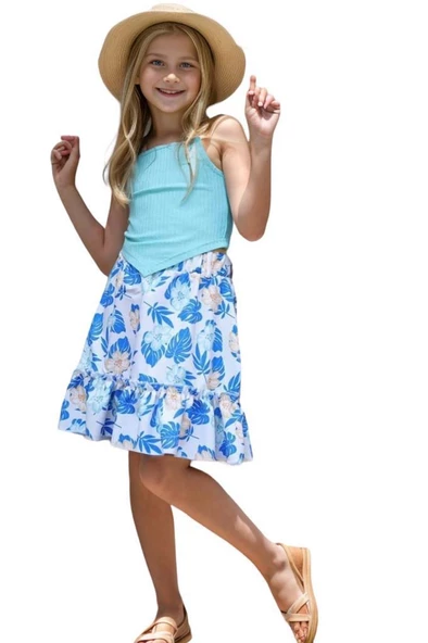 Kız Çocuk Kaşkorse Crop ve Dijital Baskılı Mavi Etekli Takım ürün görseli