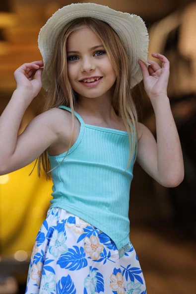 Kız Çocuk Kaşkorse Crop ve Dijital Baskılı Mavi Etekli Takım - Resim 7