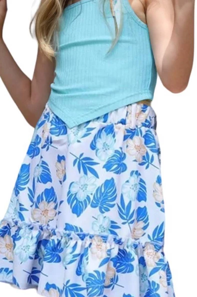 Kız Çocuk Kaşkorse Crop ve Dijital Baskılı Mavi Etekli Takım - Resim 3