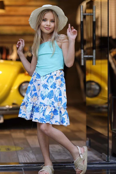 Kız Çocuk Kaşkorse Crop ve Dijital Baskılı Mavi Etekli Takım - Resim 5