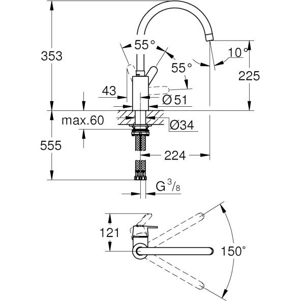 GROHE Get QuickFix Eviye Bataryası 0° / 150° Dönüş Açışı Krom 31494001 - Resim 2