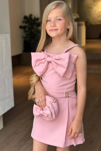 Kız Çocuk Fiyonk Detaylı İp Askılı Pudra Şortlu Takım - Resim 3