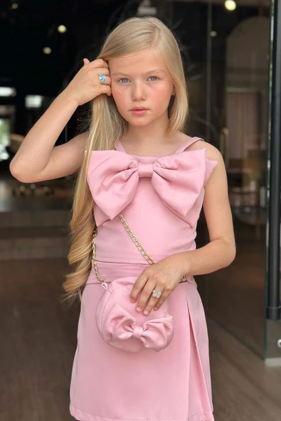 Kız Çocuk Fiyonk Detaylı İp Askılı Pudra Şortlu Takım - Resim 2