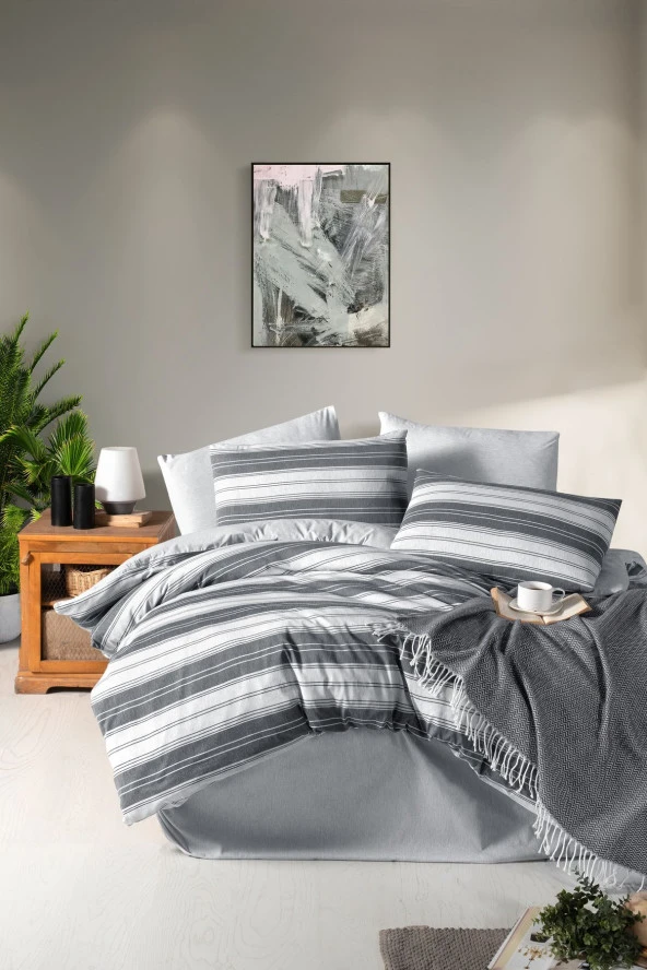MyStory Home Lastikli Çarşaflı Çift Kişilik Nevresim Takımı Çizgili GRİ - 2