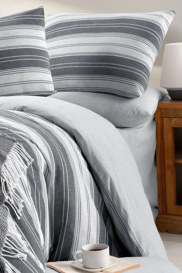 MyStory Home Lastikli Çarşaflı Tek Kişilik Nevresim Takımı Çizgili GRİ - 3