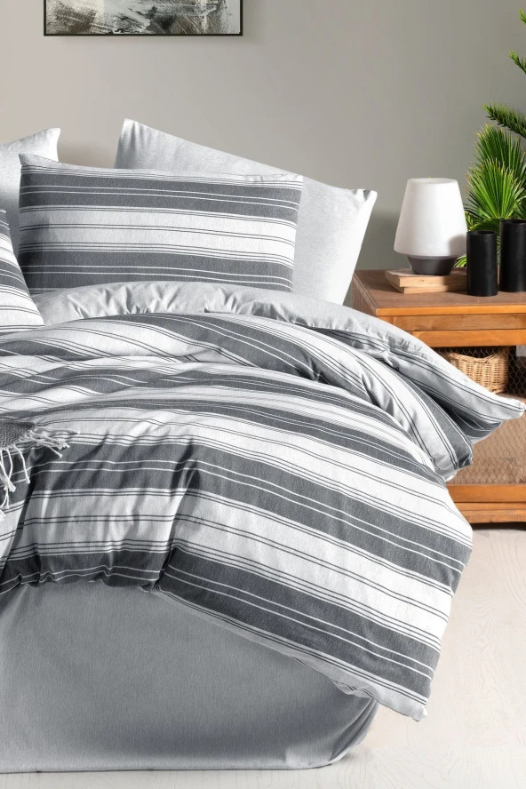 MyStory Home Lastikli Çarşaflı Tek Kişilik Nevresim Takımı Çizgili GRİ - 4