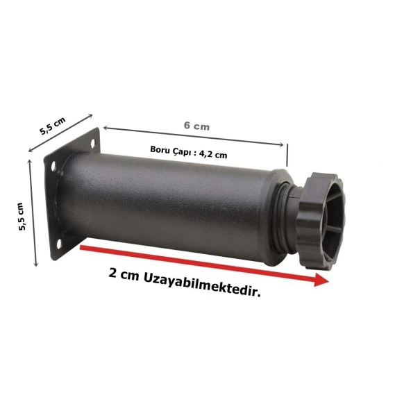 4 Adet Mobilya Ayağı Metal 6 cm Ayarlı 42 mm Mat Siyah Ayak - 2