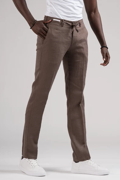 Ecer Slimfit Beli Lastikli ve İplikli %100 Linen Ham Keten Jogger Pantolon - 2