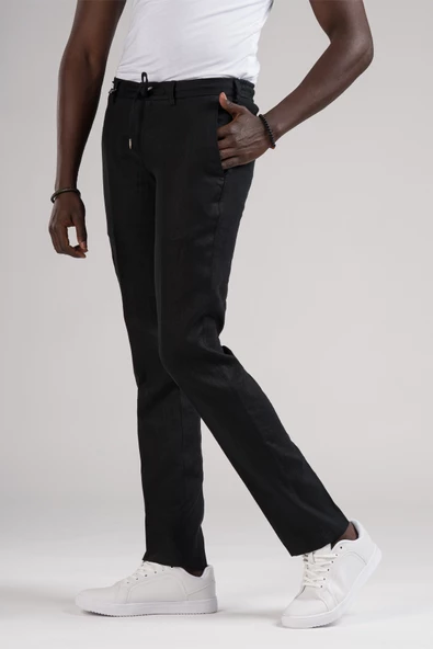 Ecer Slimfit Beli Lastikli ve İplikli %100 Linen Ham Keten Jogger Pantolon - 9