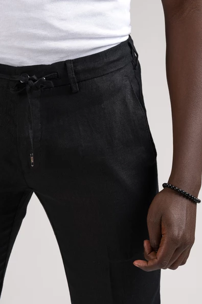 Ecer Slimfit Beli Lastikli ve İplikli %100 Linen Ham Keten Jogger Pantolon - 11