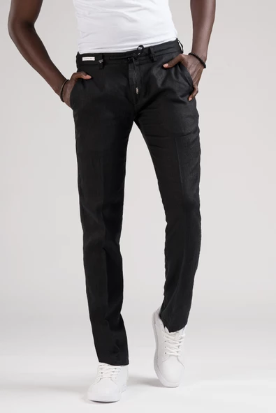 Ecer Slimfit Beli Lastikli ve İplikli %100 Linen Ham Keten Jogger Pantolon - 7