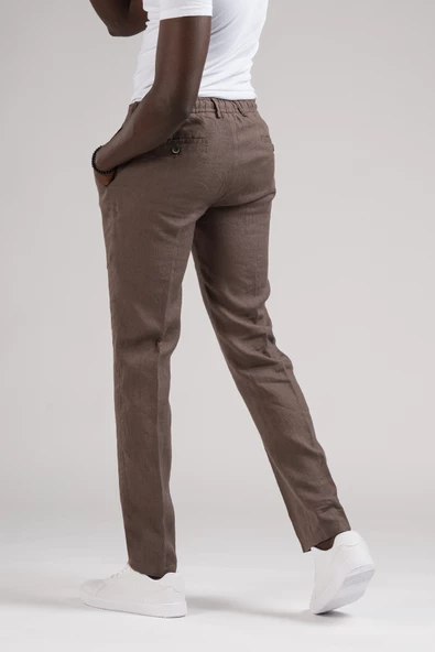 Ecer Slimfit Beli Lastikli ve İplikli %100 Linen Ham Keten Jogger Pantolon - 4