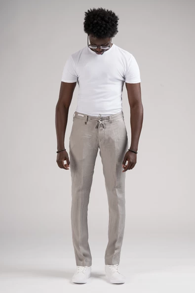 Ecer Slimfit Beli Lastikli ve İplikli %100 Linen Ham Keten Jogger Pantolon - 12