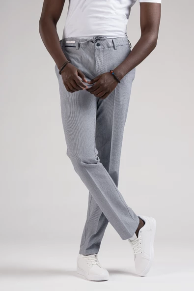 Ecer Slimfit Beli Yarım Lastikli Ve İplikli İnce Çizgili Yazlık Jogger Pantolon - 2