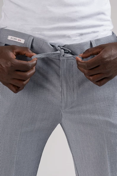 Ecer Slimfit Beli Yarım Lastikli Ve İplikli İnce Çizgili Yazlık Jogger Pantolon - 5