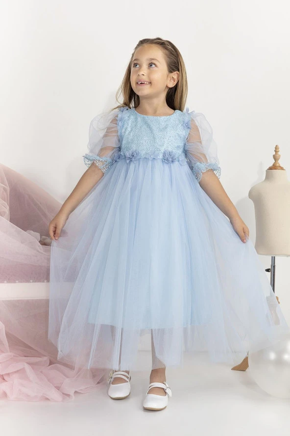 Minimony 5-9 Yaş Balon Kol Kız Çocuk Elbise Bayramlık Mezuniyet Balo Abiye Gelinlik 5006