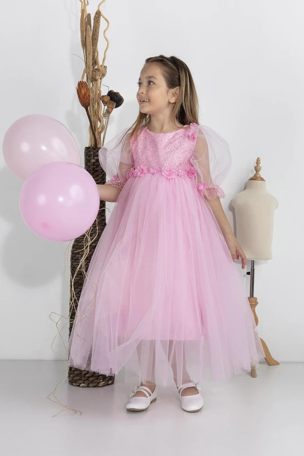 Minimony 5-9 Yaş Balon Kol Kız Çocuk Elbise Bayramlık Mezuniyet Balo Abiye Gelinlik 5006 - 5