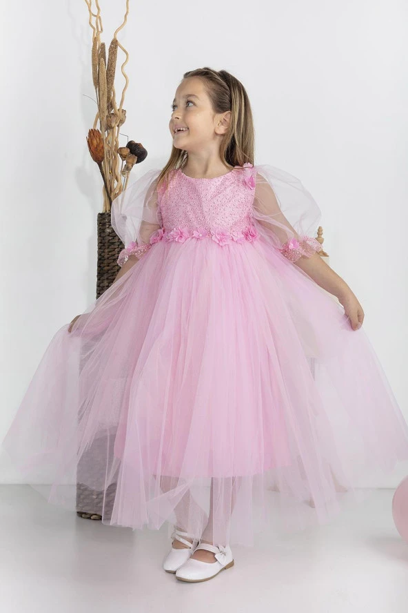 Minimony 5-9 Yaş Balon Kol Kız Çocuk Elbise Bayramlık Mezuniyet Balo Abiye Gelinlik 5006 - 7