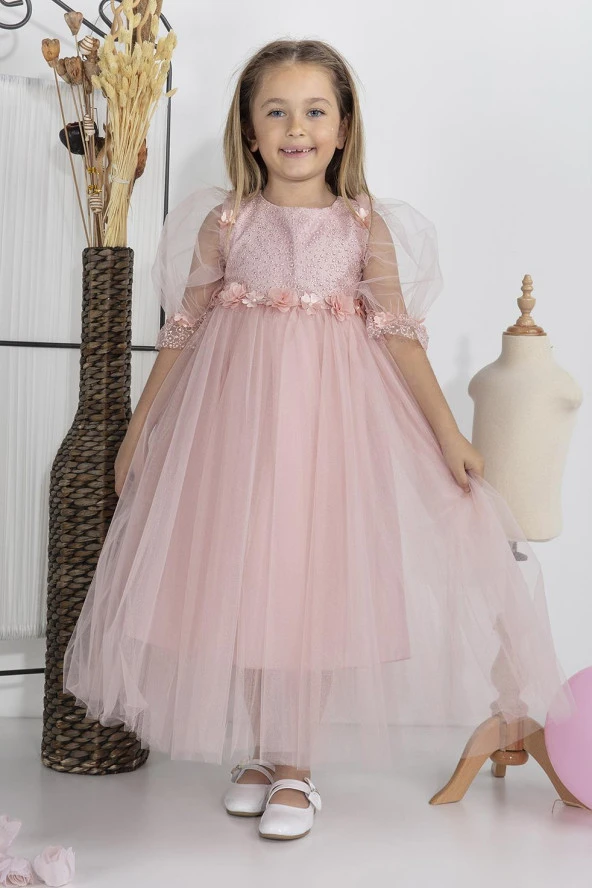 Minimony 5-9 Yaş Balon Kol Kız Çocuk Elbise Bayramlık Mezuniyet Balo Abiye Gelinlik 5006 - 10