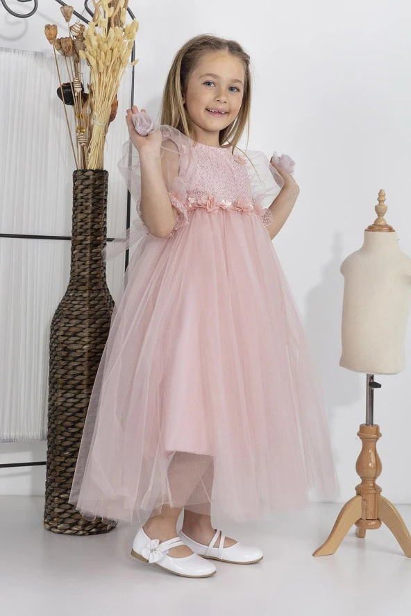 Minimony 5-9 Yaş Balon Kol Kız Çocuk Elbise Bayramlık Mezuniyet Balo Abiye Gelinlik 5006 - 11