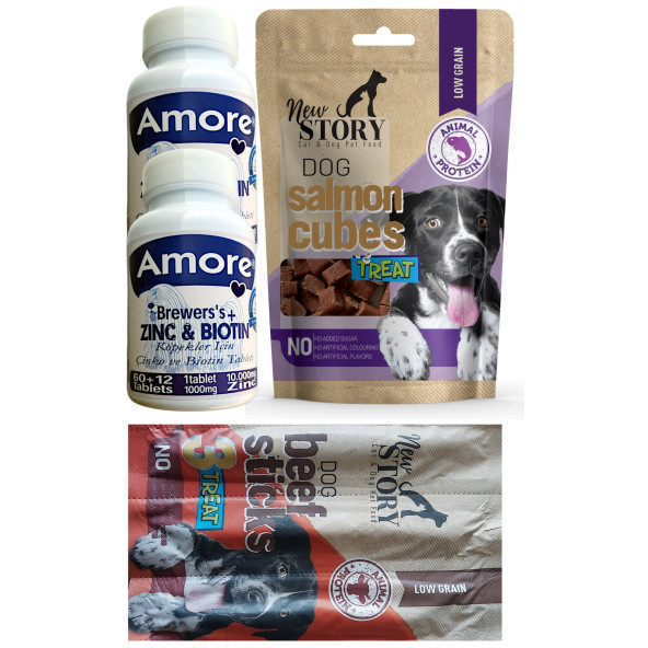 Amore Köpek Biyotin Tüy Döküm Tableti 2x72li Extra, 3lü Dog-Beef-Sticks, 80gr Salmon-Cubes Ödül Maması