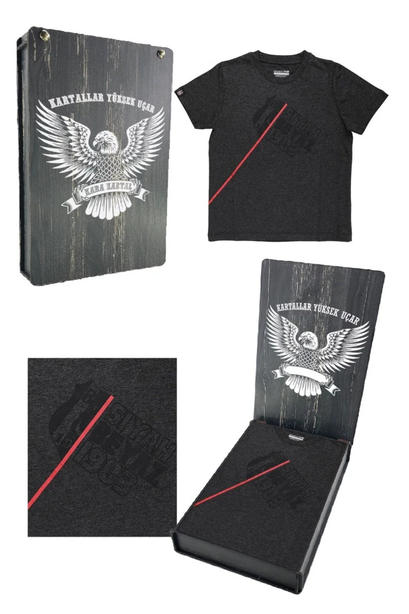 Beşiktaş Orijinal Lisanslı Antrasit Siyah Çocuk T-shirt Hediyelik Ahşap Kutulu