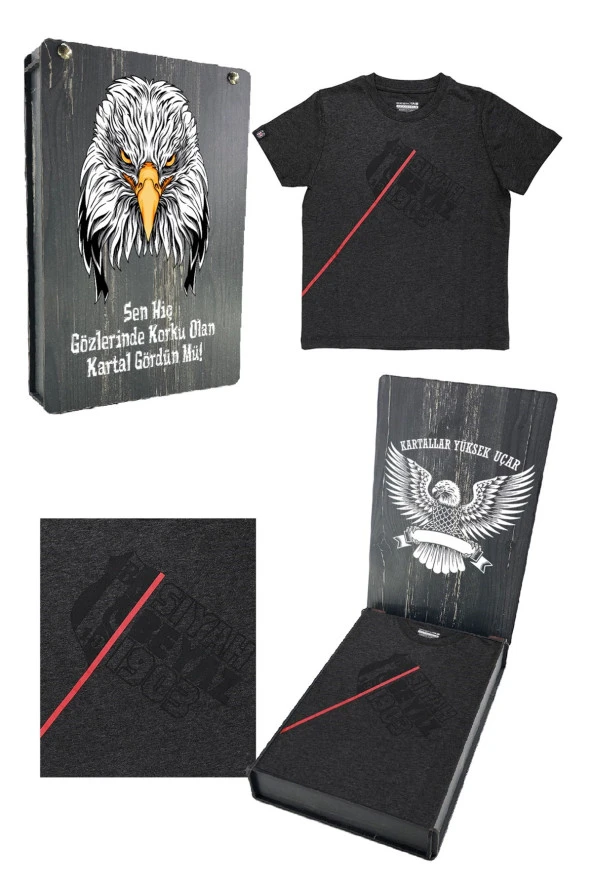 Beşiktaş Orijinal Lisanslı Antrasit Siyah Çocuk T-shirt Hediyelik Ahşap Kutulu