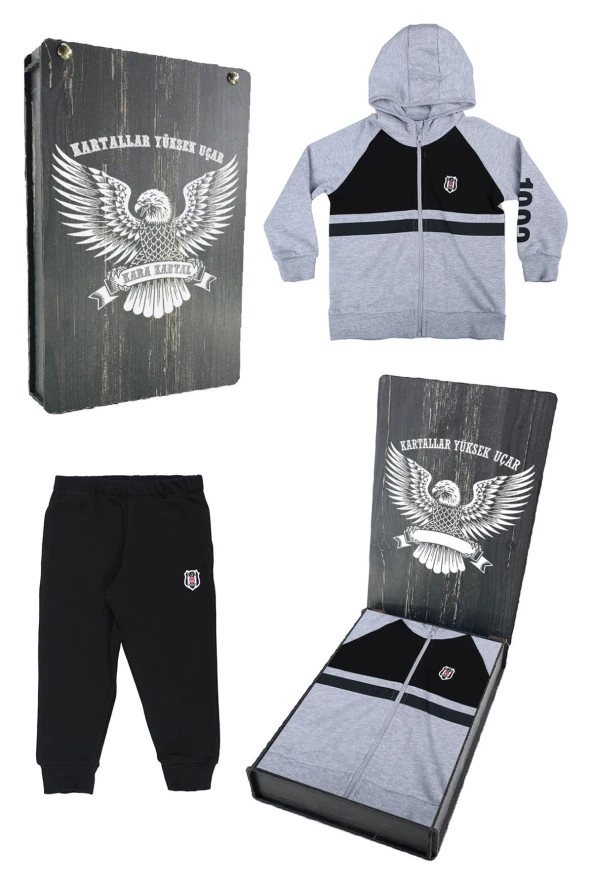 Beşiktaş Orijinal Çocuk Kapüşonlu Eşofman Takımı Hediyelik Ahşap Kutulu