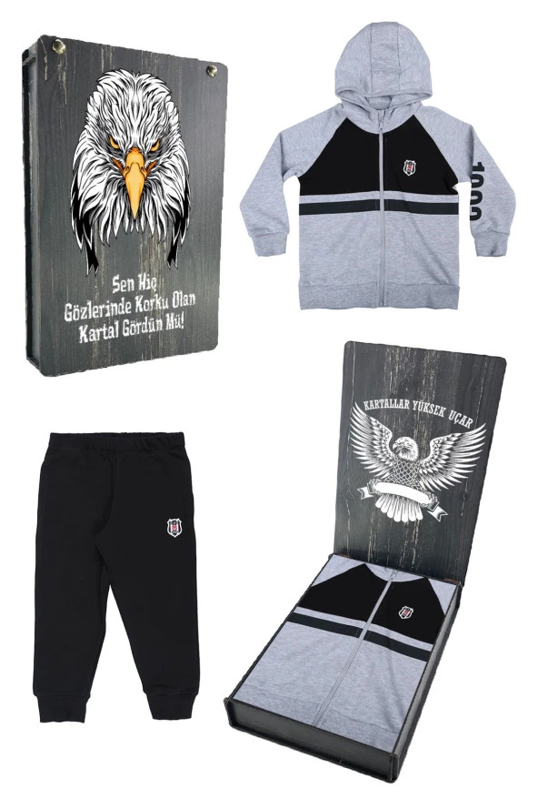 Beşiktaş Orijinal Çocuk Kapüşonlu Eşofman Takımı Hediyelik Ahşap Kutulu