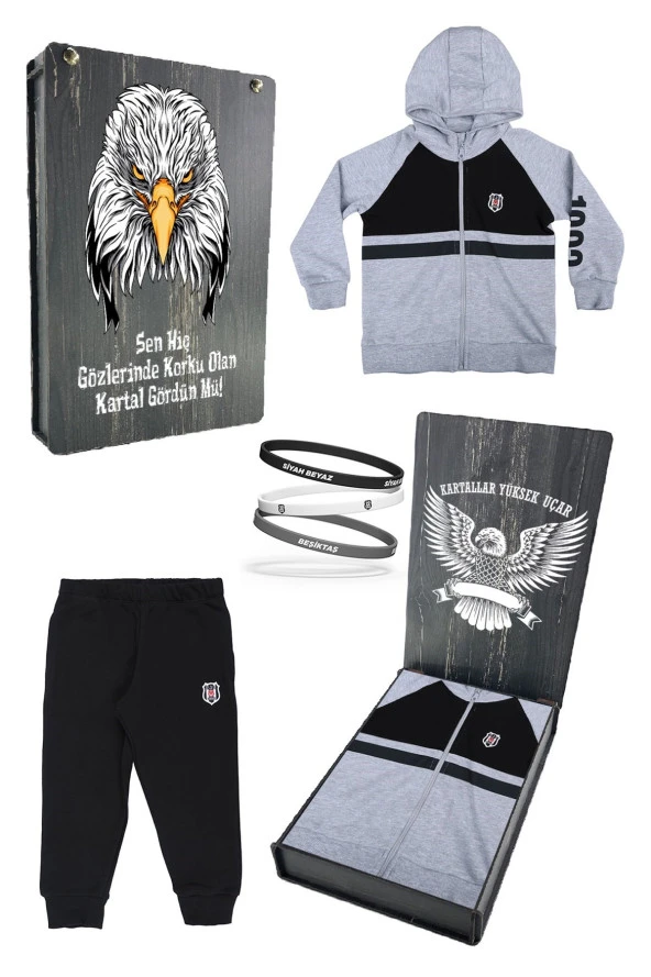 Beşiktaş Orijinal Çocuk Kapüşonlu Eşofman Takımı + Bileklik Set Hediyelik Ahşap Kutulu