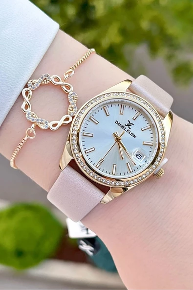 Daniel Klein DKISTE1204 Kasası Gold Kordonu Krem Renk Hediye Paketli Kadın Kol Saati ve Bileklik - Resim 2