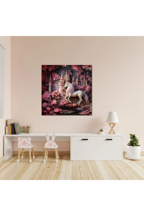 Pembe Unicorn Çocuk Odası Özel Tasarım Kanvas Tablo ürün görseli