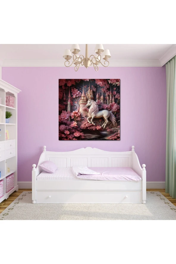 Pembe Unicorn Çocuk Odası Özel Tasarım Kanvas Tablo - Resim 2