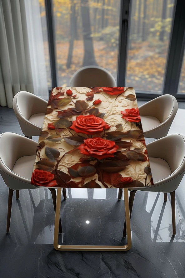 Masa Kaplama Folyosu Mobilya Masa Kaplama Folyo Krem Arkaplanlı Kırmızı Güller - Resim 2