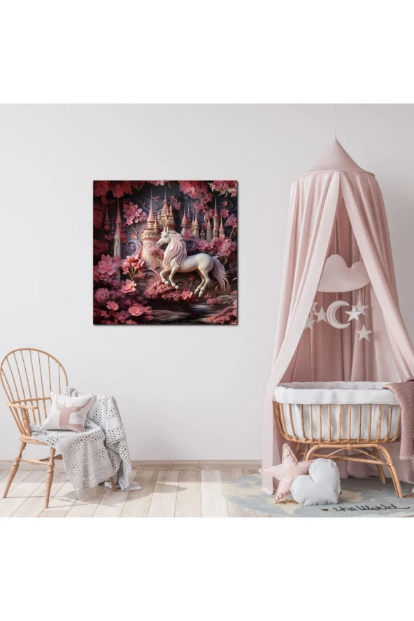 Pembe Unicorn Çocuk Odası Özel Tasarım Kanvas Tablo - Resim 3