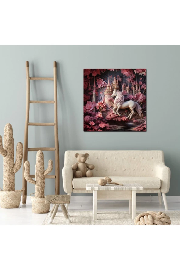 Pembe Unicorn Çocuk Odası Özel Tasarım Kanvas Tablo - Resim 4