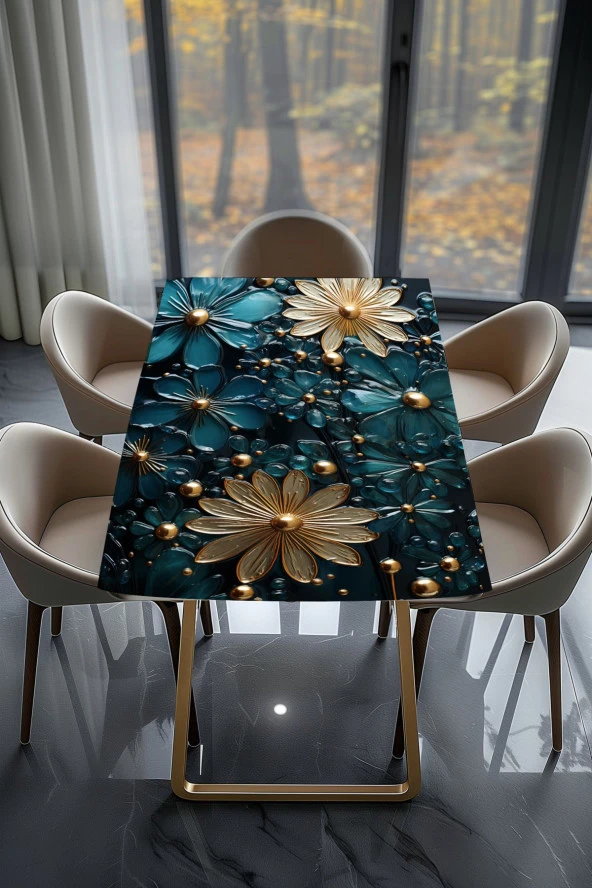 Masa Kaplama Folyosu Mobilya Masa Kaplama Folyo Mavi Bej Kabartma Görünümlü Çiçekler - Resim 2