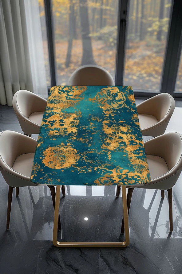 Masa Kaplama Folyosu Mobilya Masa Kaplama Folyoları Mavi - Gold Detaylı Tasarım Folyo - Resim 2