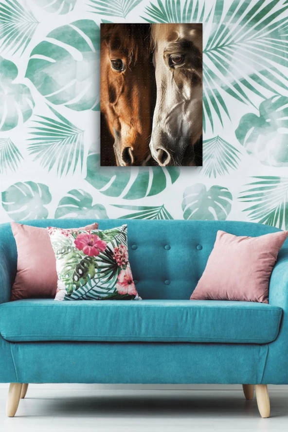 Kahverengi ve Beyaz At Kafa Kafaya Yağlı Kanvas Tablo ürün görseli