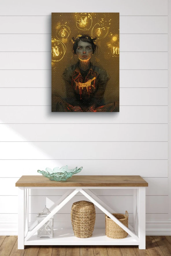 Parlak Semboller ve Oturan Kadın Yağlı Kanvas Tablo ürün görseli