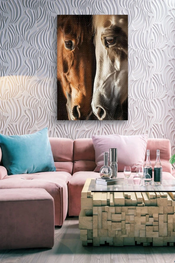 Kahverengi ve Beyaz At Kafa Kafaya Yağlı Kanvas Tablo - Resim 2