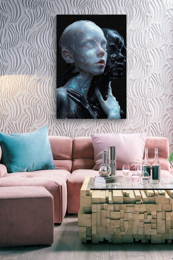 Siyah Beyaz İnsanlar Silüeti Yağlı Kanvas Tablo - Resim 7