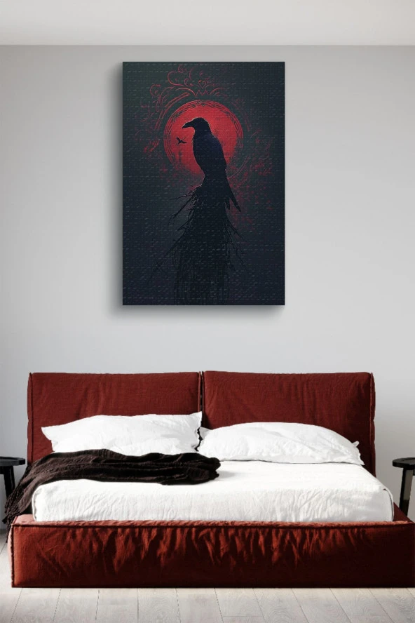 Kırmızı Halka Önünde Karga Yağlı Kanvas Tablo - Resim 3