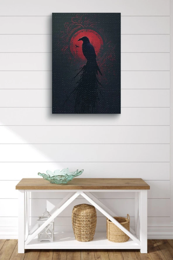 Kırmızı Halka Önünde Karga Yağlı Kanvas Tablo - Resim 6