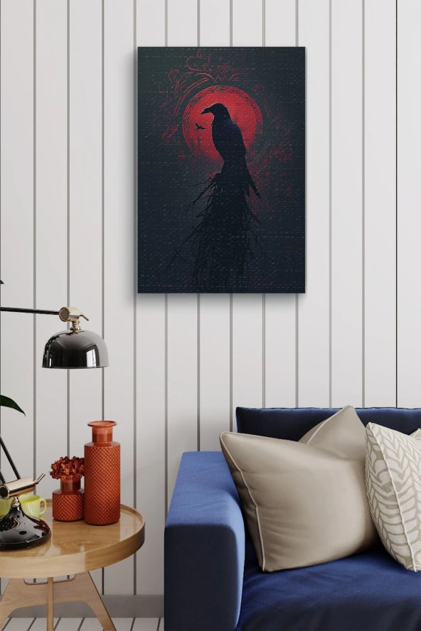 Kırmızı Halka Önünde Karga Yağlı Kanvas Tablo - Resim 7