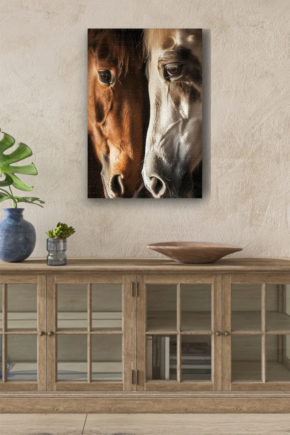 Kahverengi ve Beyaz At Kafa Kafaya Yağlı Kanvas Tablo - Resim 4