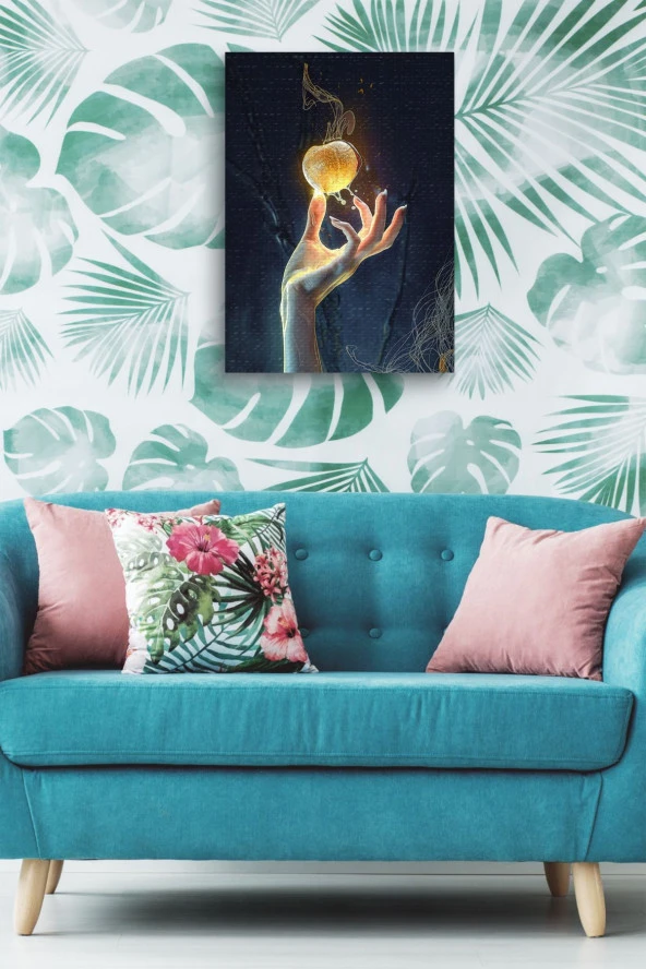 Sarı Elmaya Uzanılan El Yağlı Kanvas Tablo ürün görseli